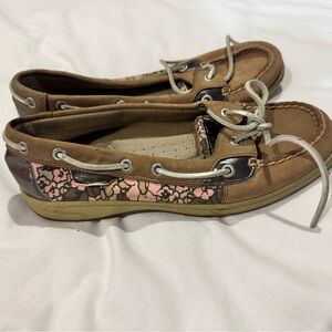 Sperry Tan and Pink Flowered Boat Shoes